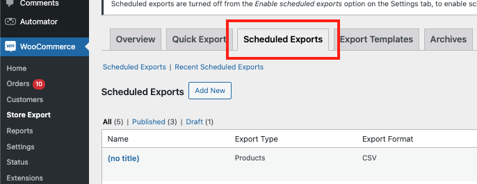 Scheduled Exports section 